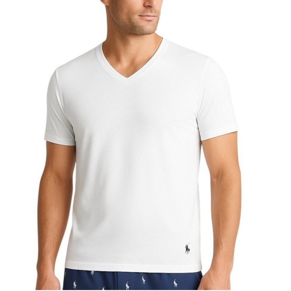 Polo Ralph Lauren 2 Pack Slim-Fit Stretch V Neck T Shirts Logo White Small. B10